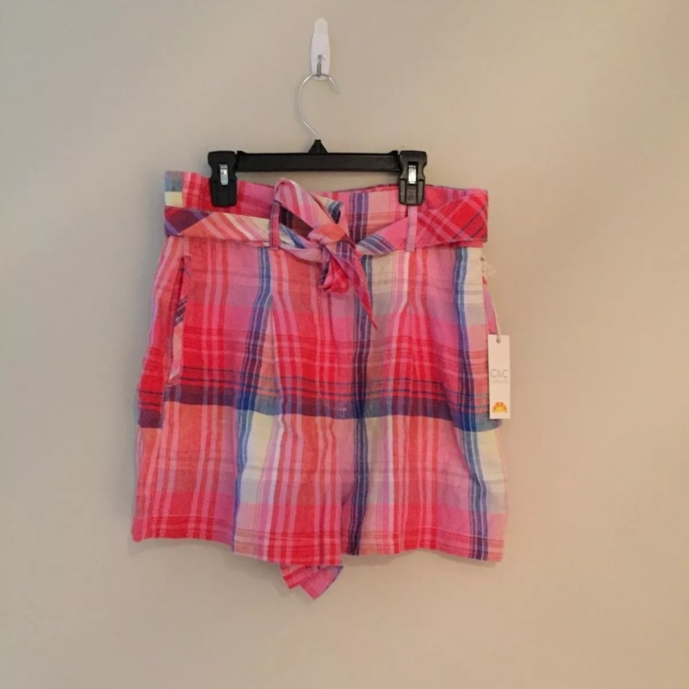 NWT C&C California Plaid Linen Shorts Tie Waist 6